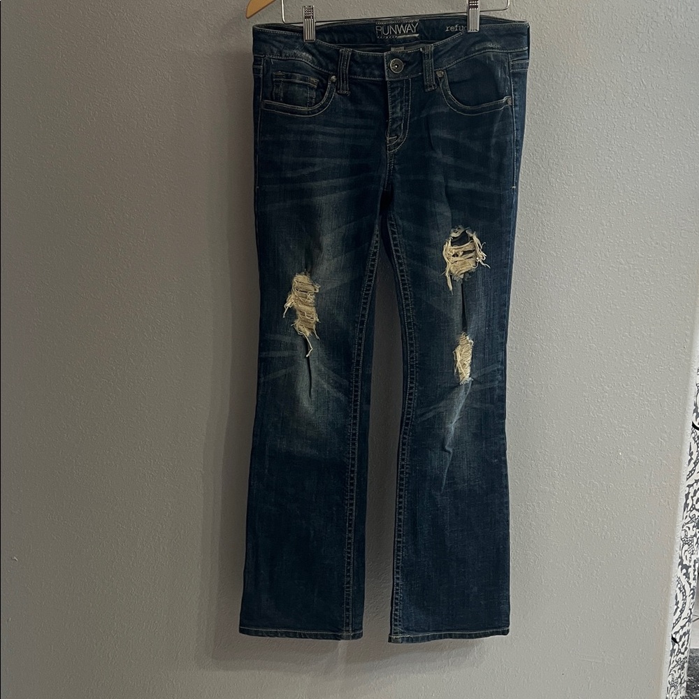 Refuge Dark Blue Distressed Flare Jeans